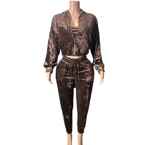 Velvet three Piece Jogger Set - Brown
